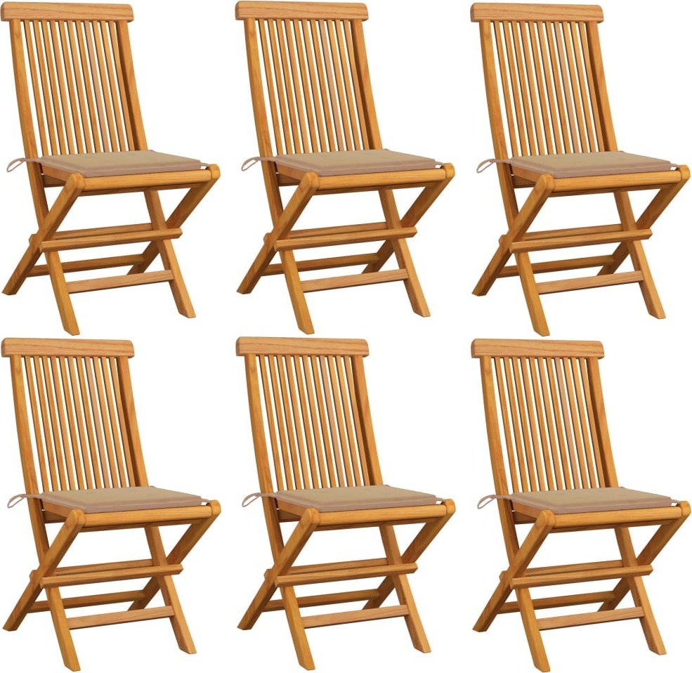 Klappstühle mit beigen Kissen, 6-teilig, Massivholz Teakholz