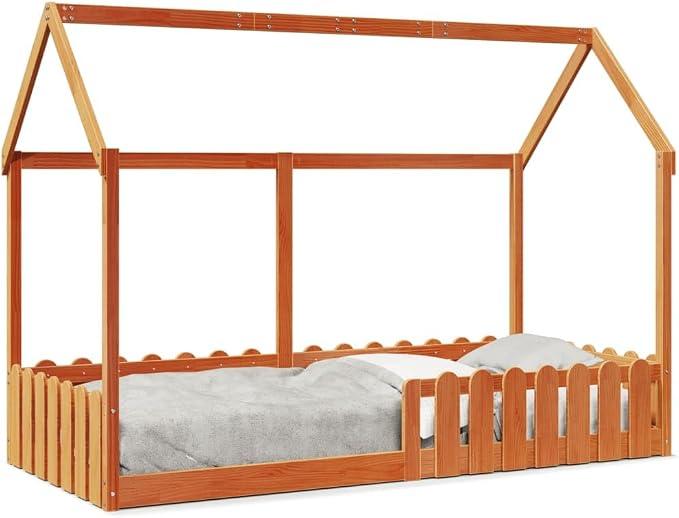 Kids House Floor Bed, 90x200 cm Solid Pine Wood Frame, Brown | Features safety guardrails and an open roof design, ideal for boys and girls aged 4 and up.