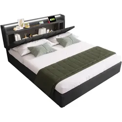 Merax Polsterbett Doppelbett mit aufladen USB Ladefunktion Stauraum-Kopfteil und LED-Beleuchtung, 140x200cm, Grau