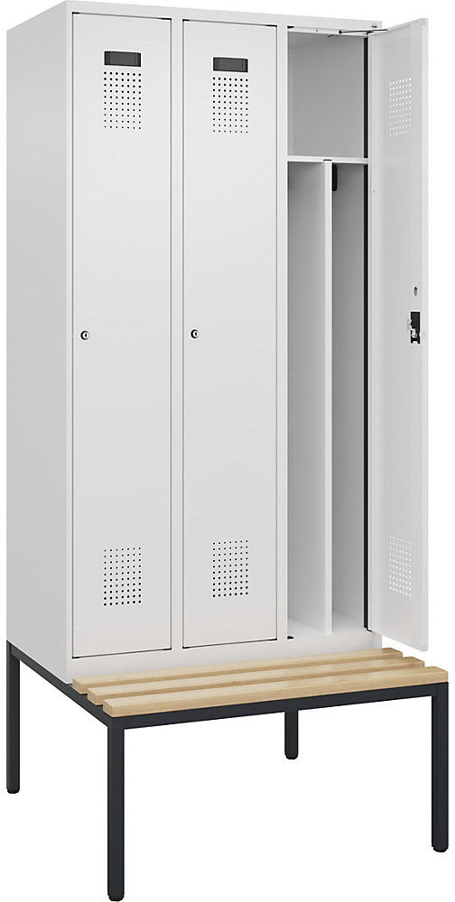 kaiserkraft Schwarz-Weiß-Spind Evolo PLUS Sitzbank, schmal, 3 Abteile, verkürzte Trennwand mittig, weiß, B 900 mm, Zylinderschloss, mit untergebauter Sitzbank,