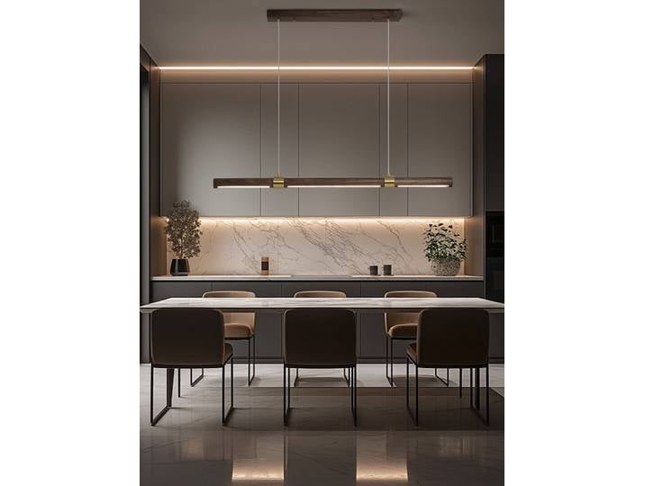 Obtenez ce lustre en bois de noyer de décoration de salle à manger longue, lampe suspendue en bois nordique post-moderne à LED pour le bureau d'îlot de cuisine de bar