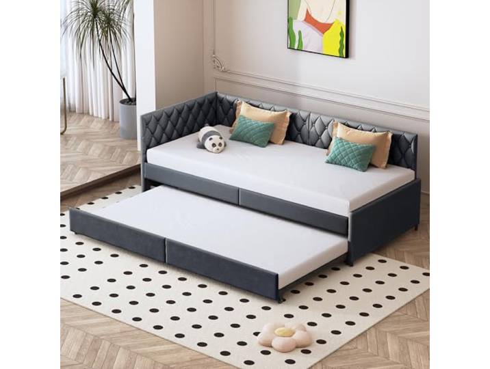 Xanthyl Schlafsofa, ausklappbar, 90 x 200 cm, Velours, Grau – Sitzbank, Klappbett für Wohnzimmer, Gästebett