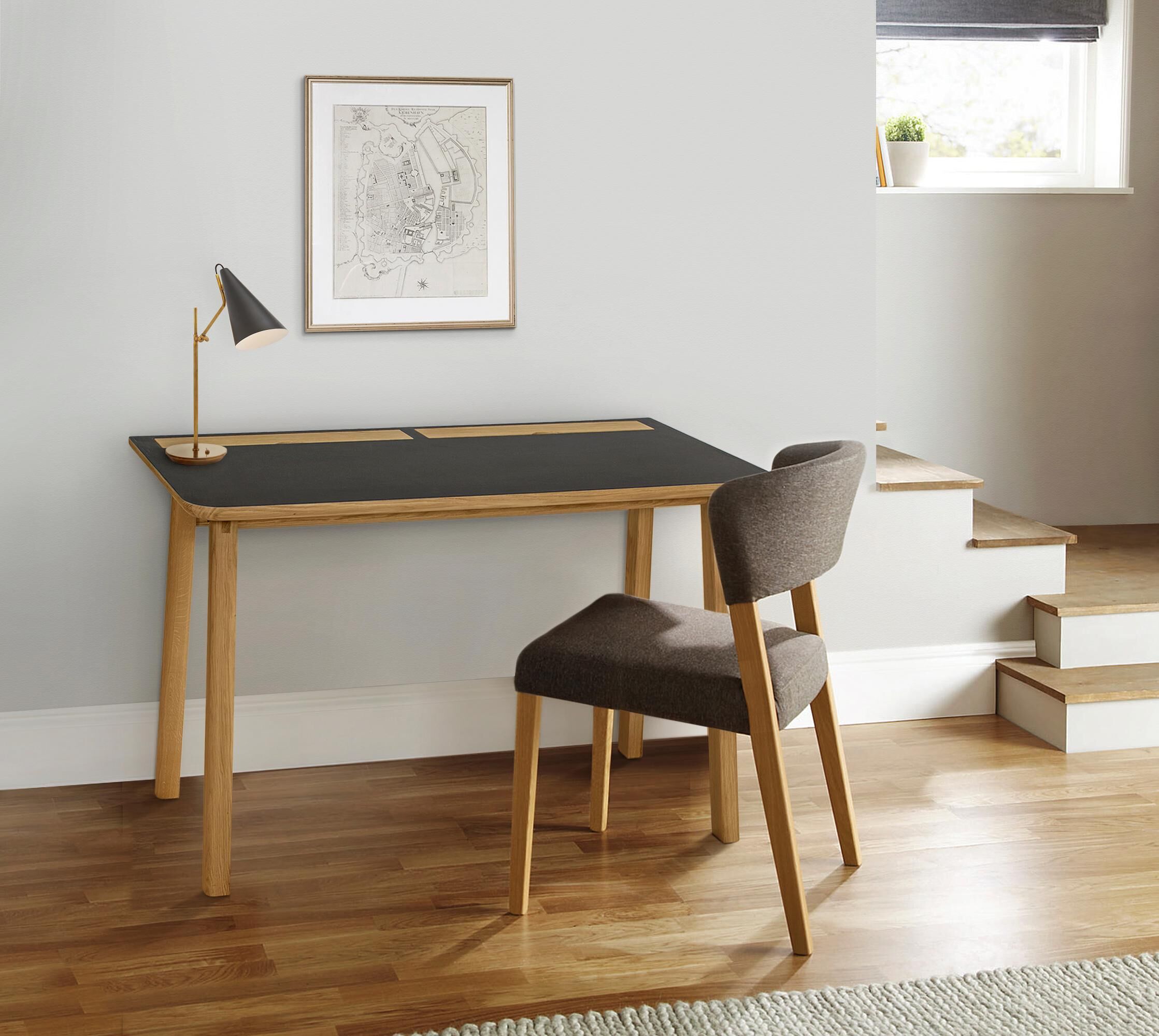 Schreibtisch WOODMAN "Mati", braun (eichefarben, schwarz), B:115cm H:75cm T:50cm, Tische, Schreibtisch, mit zwei Ledertaschen an der Seite des Tisches für Stauraum, FSC