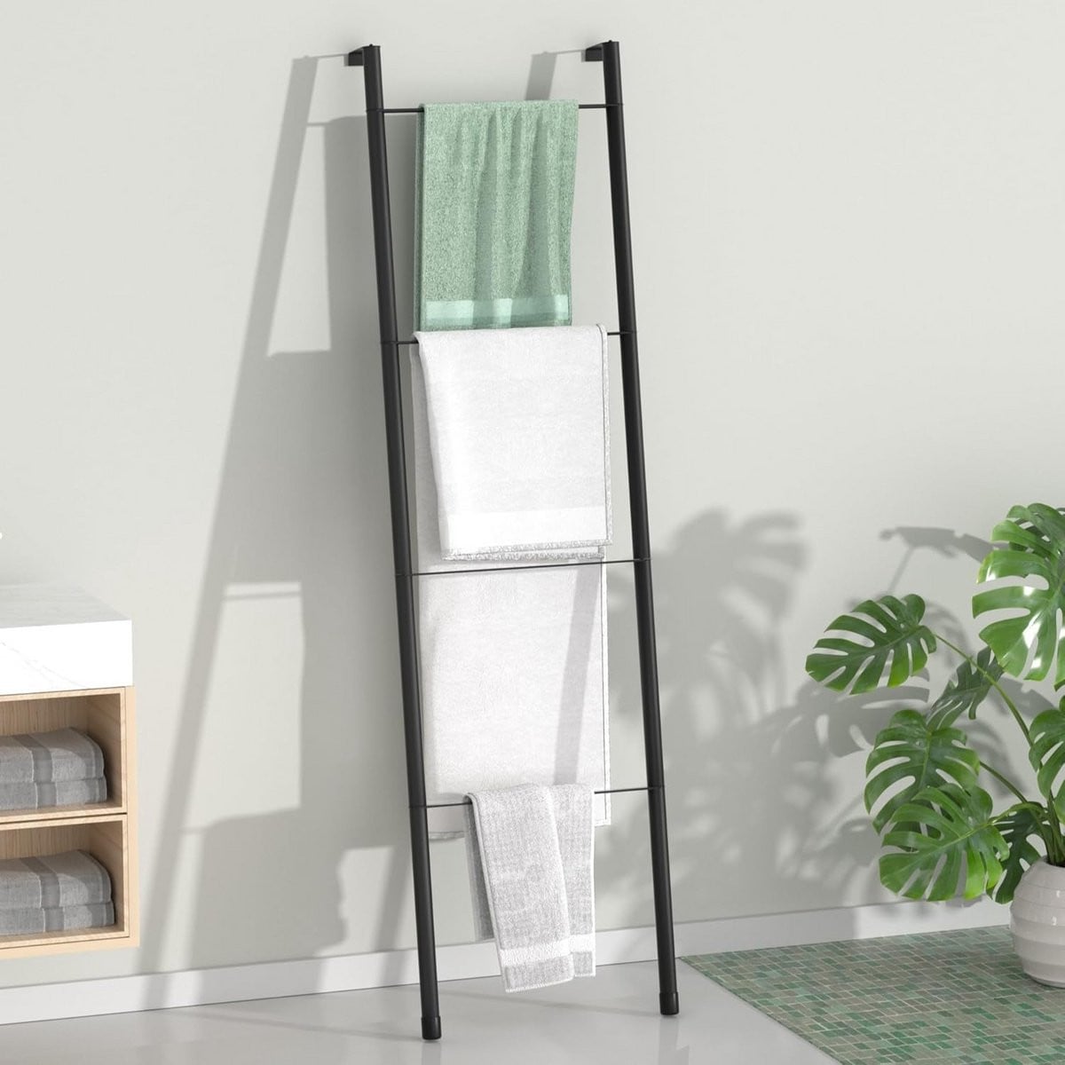 Vrijstaand Handdoekenrek in de vorm van een decoratieve ladder met 4 niveaus, Mat Zwart