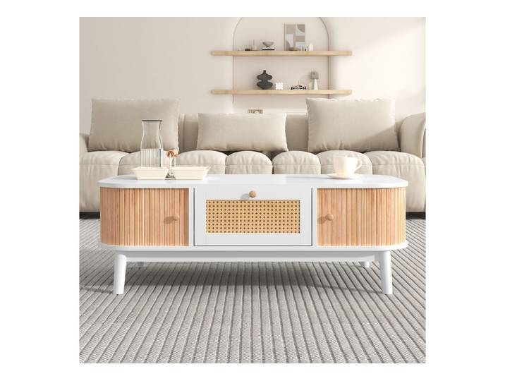 IDEASY Couchtisch Couchtisch aus Rattan, ovaler Aufbewahrungsschrank mit Schubladen, und Schiebetüren, Beine aus Massivholz