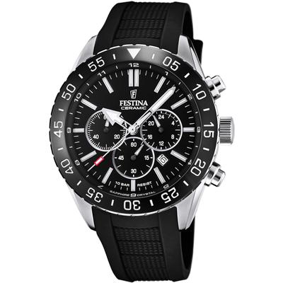 Chronograph FESTINA "Keramik Kollektion", schwarz (schwarz, silberfarben, schwarz), Armbanduhren, Herren, silberfarben, Chronograph, Armbanduhr, Quarz, Herren, Keramiklünette, Saphirglas, Stoppfunktion