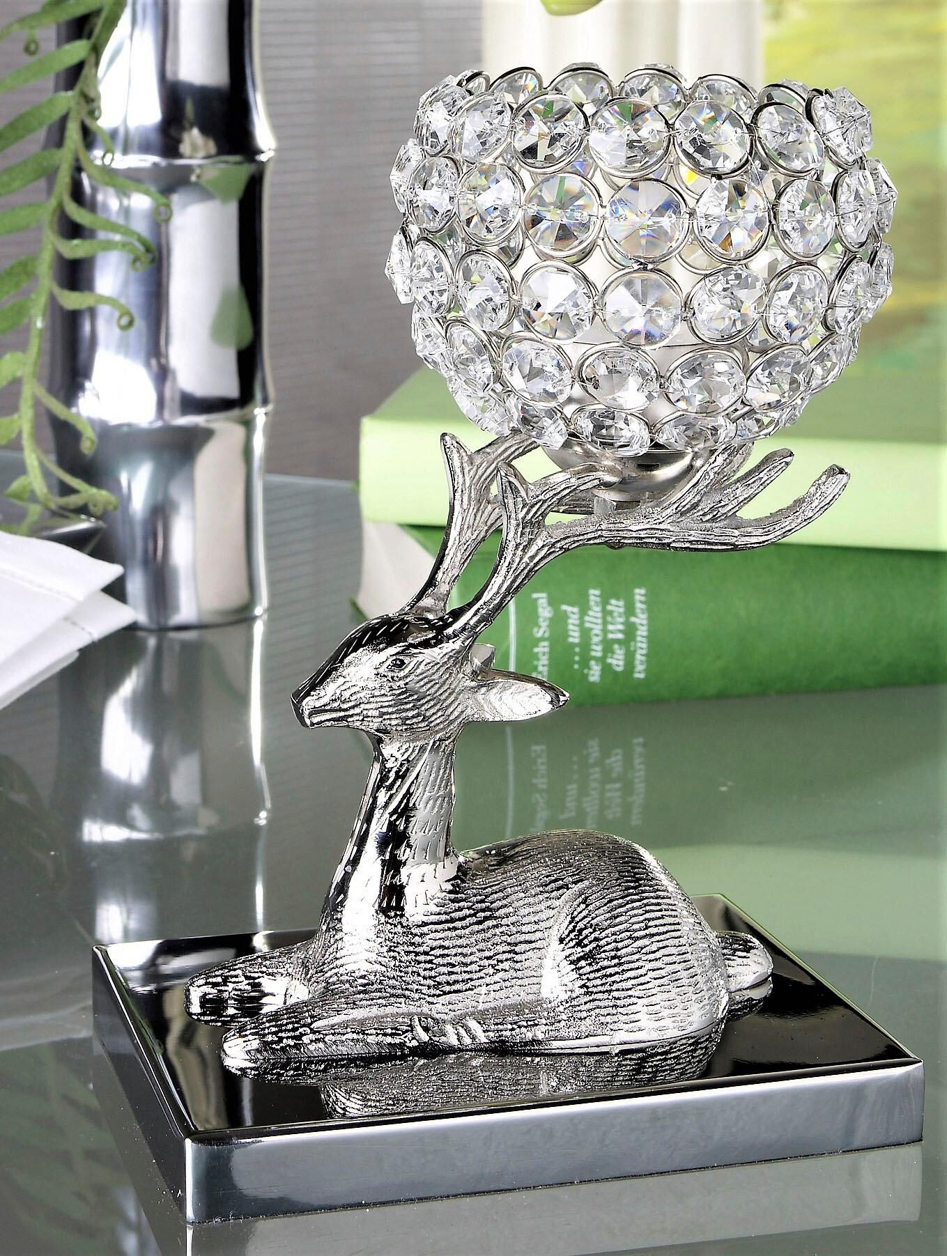 Kerzenhalter GOODPRODUCT "Mirabel auf Hirsch", silber (silberfarben), B:10cm H:22cm T:15cm, Aluminium, Kerzenhalter, Kerzenhalter silberfarben B/H/T: 10cm x 22cm x 15cm