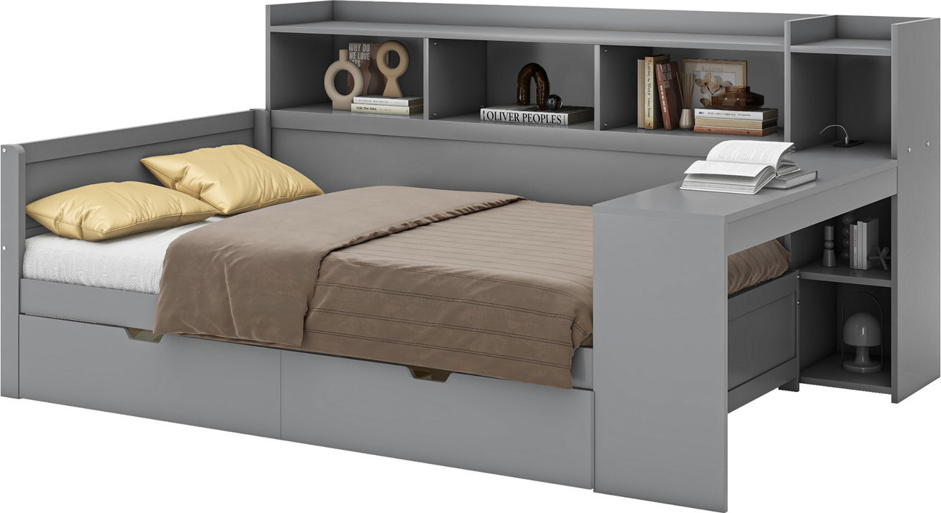 Schlafsofa,Daybett(Grau)Tagesbett,Nachttischablage und Untertischablage,Bett mit Steckdose und USB-Anschluss, 2 Schubladen, Schreibtisch,Spanplatte
