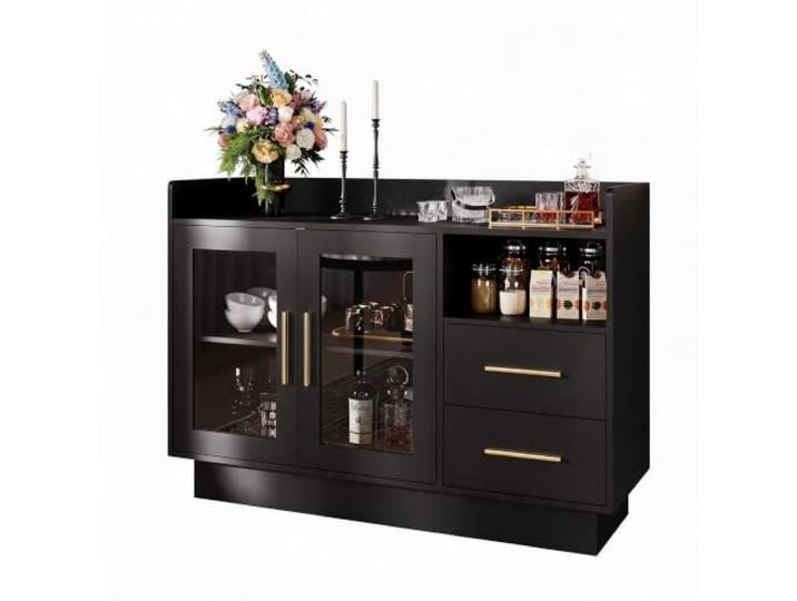 GarveeHome Weinschrank mit LED-Beleuchtung, Glastüren und Schubladen, Integrierte Beleuchtung, Wein- und Gläserablagen, zusätzliche Schubladen, Kippsicherung, für Küche, Esszimmer und Wohnzimmer
