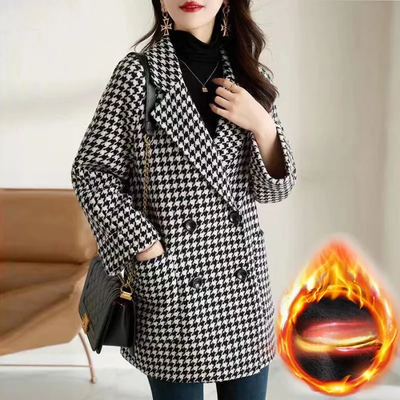 Rare Purchases Women's Thousand Birds Plaid Woolen Jacket, Autumn Winter New Style, Fleece Lined Medium Length Overcoat m black And White