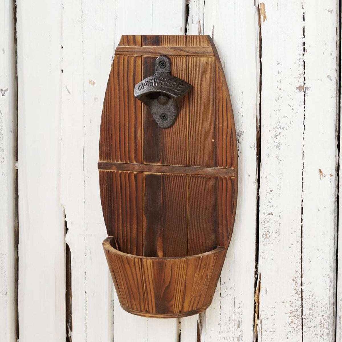 Vintage houten wandflesopener met dopverzamelaar