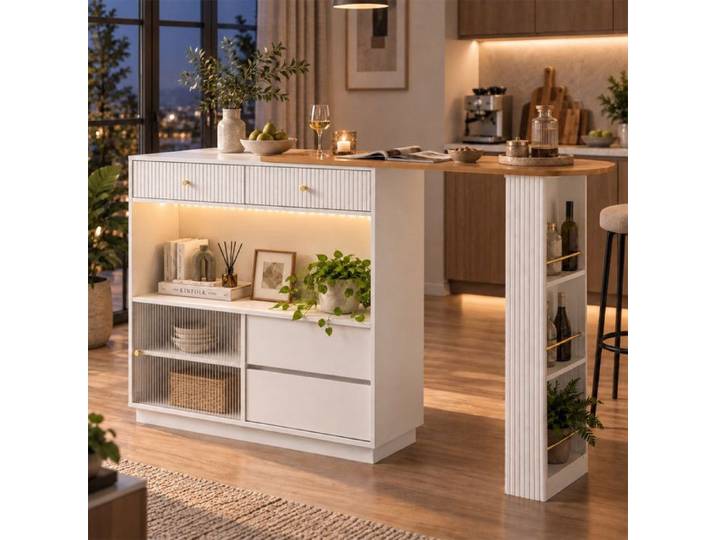 Table de bar extensible avec LED Table haute rotation à 360°avec espace de rangement Blanc
