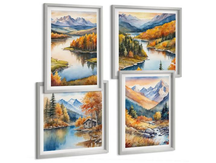 BILDER SET 4er Set - 50x50 cm & 40x60 cm Silberner Rahmen - Bergblick, Fluss, Herbst
