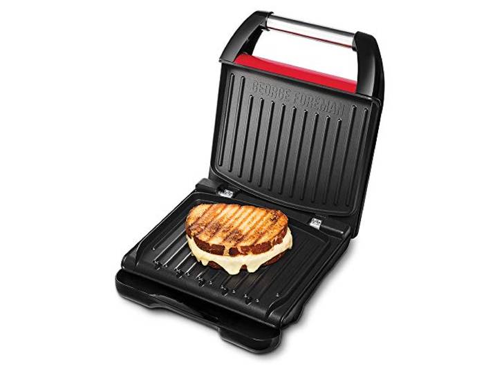 George Foreman Kontaktgrill & Panini- / Sandwichgrill [Größe 24x17cm - für 3 Portionen] Compact Steel Rot (für Fleisch, Fisch und Gemüse, Panini und Sandwichmaker, Reduziert bis zu 42 % Fett)25030-56