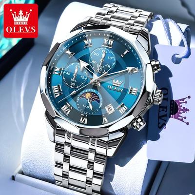 Uplifted Finds Olevs 3675 Mens Multifunction Chronograph Quartz Watch Moon Phase Design silver blue