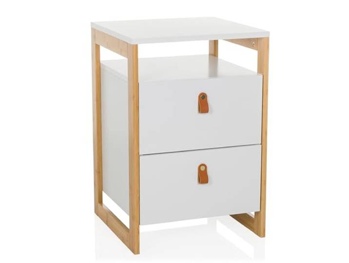 hjh LIVING Table de Nuit avec 2 tiroirs TAROLO III Table d'appoint avec Plateau Ouvert\, poignée en Similicuir\, Armoire avec Cadre en Bambou\, Blanc