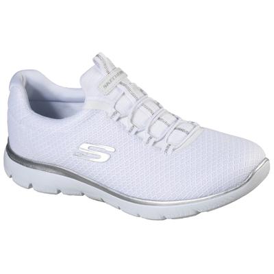 Slip-On Sneaker SKECHERS "SUMMITS", Damen, Gr. 42, Textil, silber (weiß, silberfarben), Schuhe, Freizeitschuh, Komfortschuh mit stoßdämpfender Zwischensohle