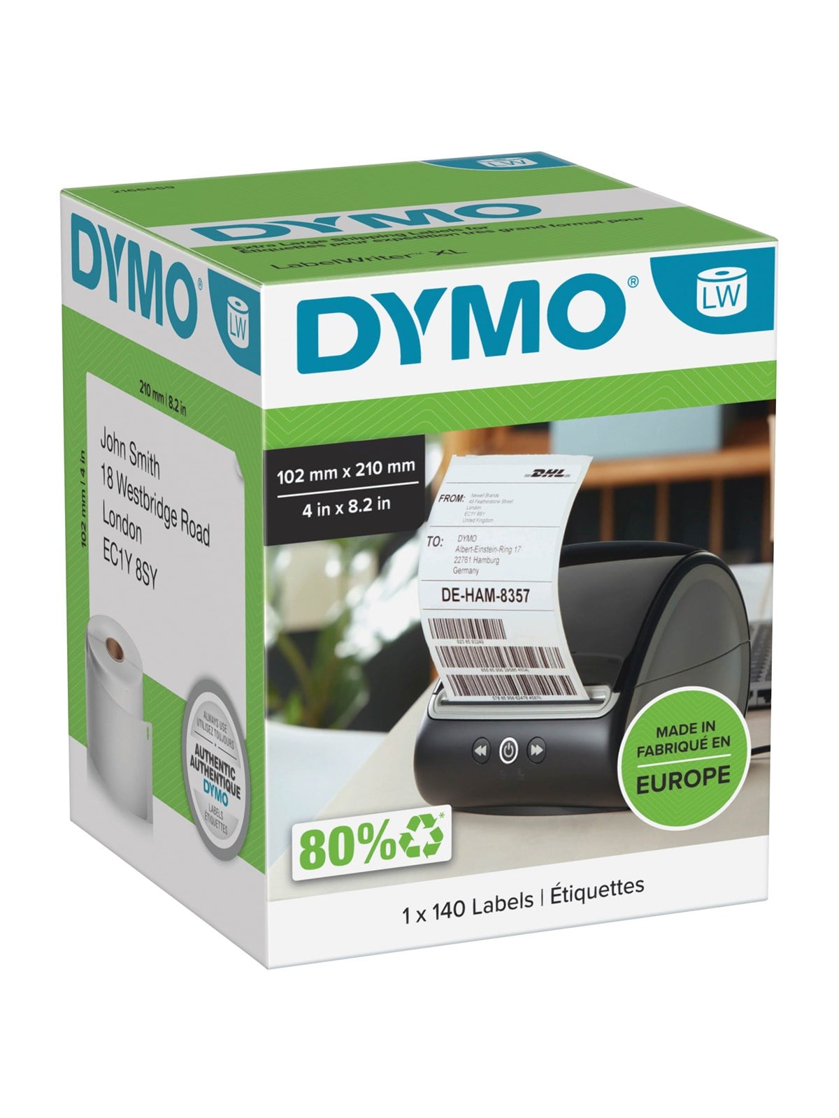 DYMO LabelWriter DHL Versandetiketten für LabelWriter 5XL/4XL-Etikettendrucker | 102 mm x 210 mm | Rolle mit 140 Etiketten | selbstklebend