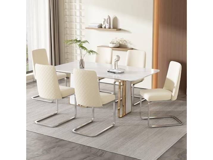 Merax Schwingstuhl 6er-Set, Samt Esszimmerstühle mit Metall-Stützbeinen, bequemer Freischwinger Stühle für Wohnzimmer, Schlafzimmer, Samt, Beige & Silber