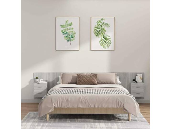Kopfteil mit Nachttischen aus mehrschichtigem Holz, Sonoma-Grau, 2 Klassisches Design, Wandmontage, Stauraum, feuchtigkeitsbeständig, glatte Oberfläche