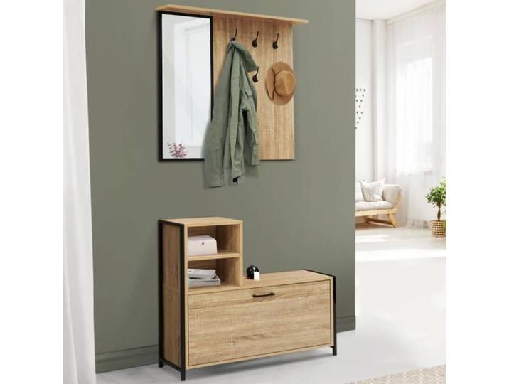 IDMARKET Vestiaire d'entrée DETROIT avec miroir et range-chaussures design industriel