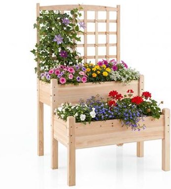Costway Raised Garden Bed with Trellis 2-Tier for Outdoor Climbing Plants-Natural