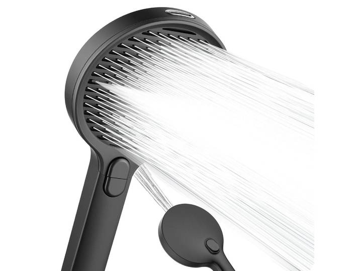 Duschkopf 140mm mit 3+1 Strahlarten, Wassersparender Hochdruck Sparduschkopf 6,9 L/min, Antikalk, Schwarz