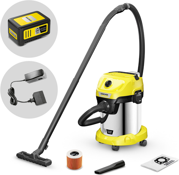 Karcher WD 3-18 S V-17/20 Battery Set - Bidone aspiratutto a batteria - Fusto in acciaio INOX - 17 litri