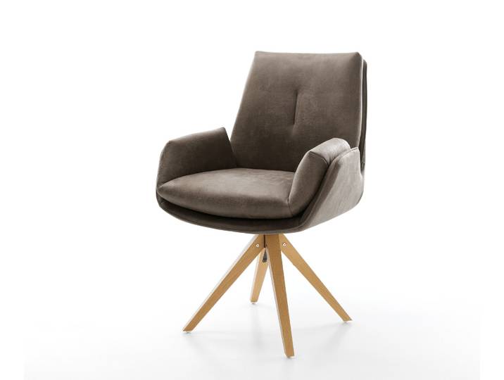 Drehstuhl Clea-Flex Mikrofaser Taupe Vintage Holzgestell kantig Natur 360° drehbar, Esszimmerstühle