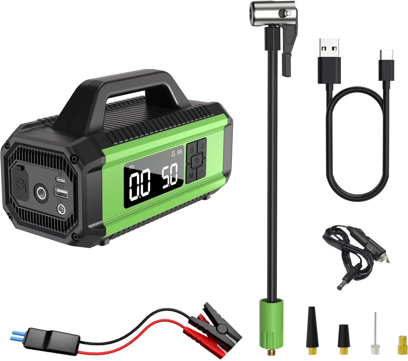INF Tragbarer Autoreifenfüller mit Digitalanzeige & Voreingestelltem Druck - Multi-Mode Luftpumpe Grün