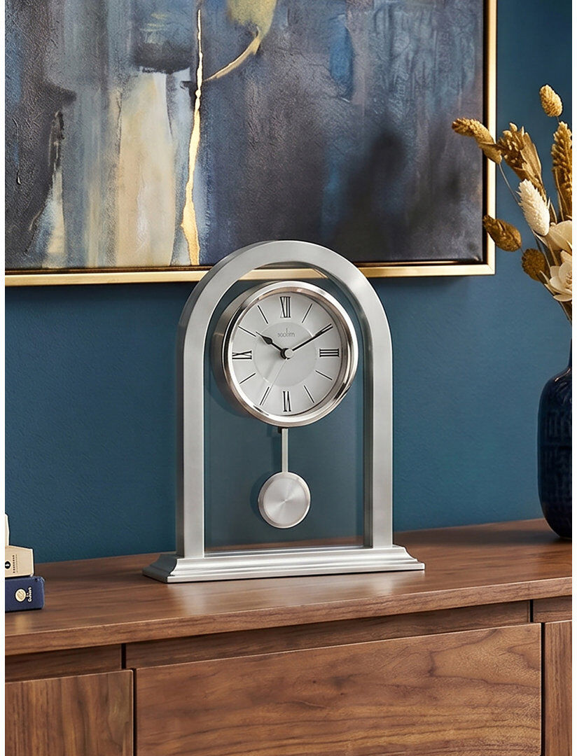 Acctim Colney Pendulum Mantel Clock Quartz Brushed Metal & Glass Energy Efficient Movement Silver Silver 20cm H X 16.5cm W X 4.8cm D