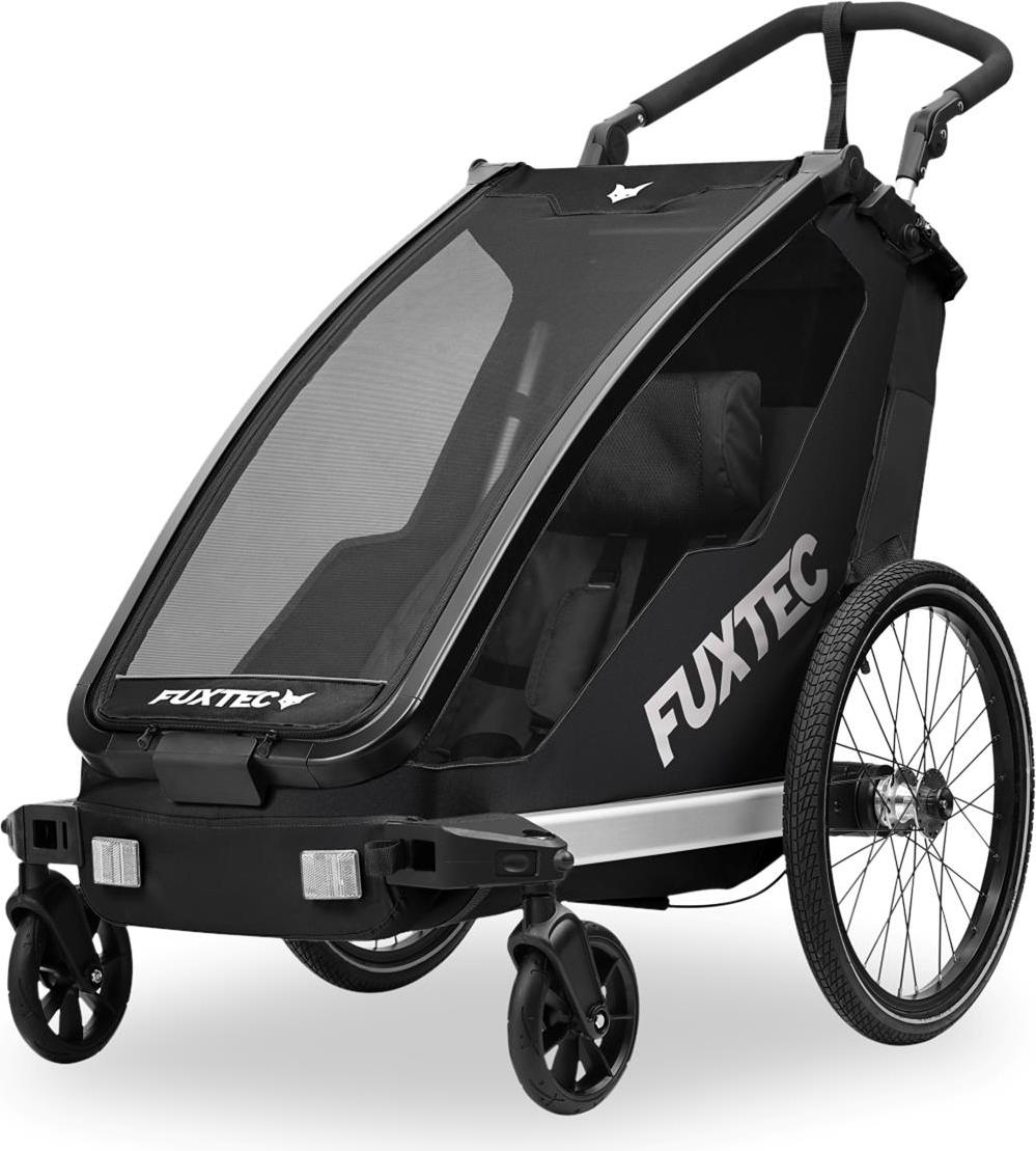 FUXTEC Fahrradanhänger FX-FA1S | Einsitzer faltbar mit Schiebegriff & Kupplung | Regenschutz | Sicherheitsfahne | 5-Punkt-Gurt | max. Zuladung 35kg Schwarz