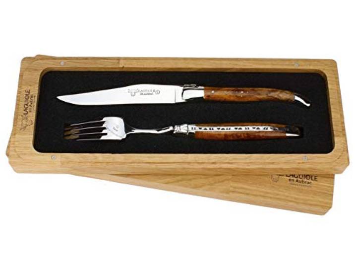en Aubrac - 1 Laguiole Steakmesser und 1 Gabel Besteck-Set - Griff Teak-Maserholz - Original Frankreich mit Zertifikat