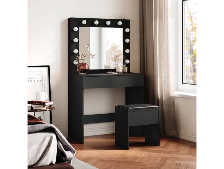 SIRHONA Coiffeuse avec éclairage LED Lumière réglable Grand tiroir Moderne Noir Coiffeuse avec Miroir + Tabouret de Maquillage