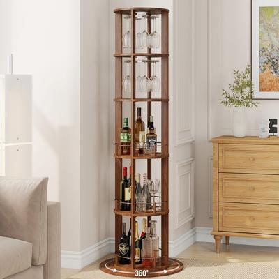 Freestanding Wine Bar Cabinet With 360° Rotating Design Wine Glass Rack
