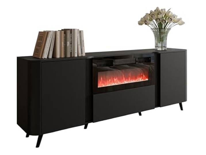 Mirjan24 Kommode Volkiro 200 EF mit Elektrischem Kamin mit Heizung, Realistische LED-Flamme, 3 Türen, Mehrzweckschrank, Highboard, Anrichte (Schwarz)