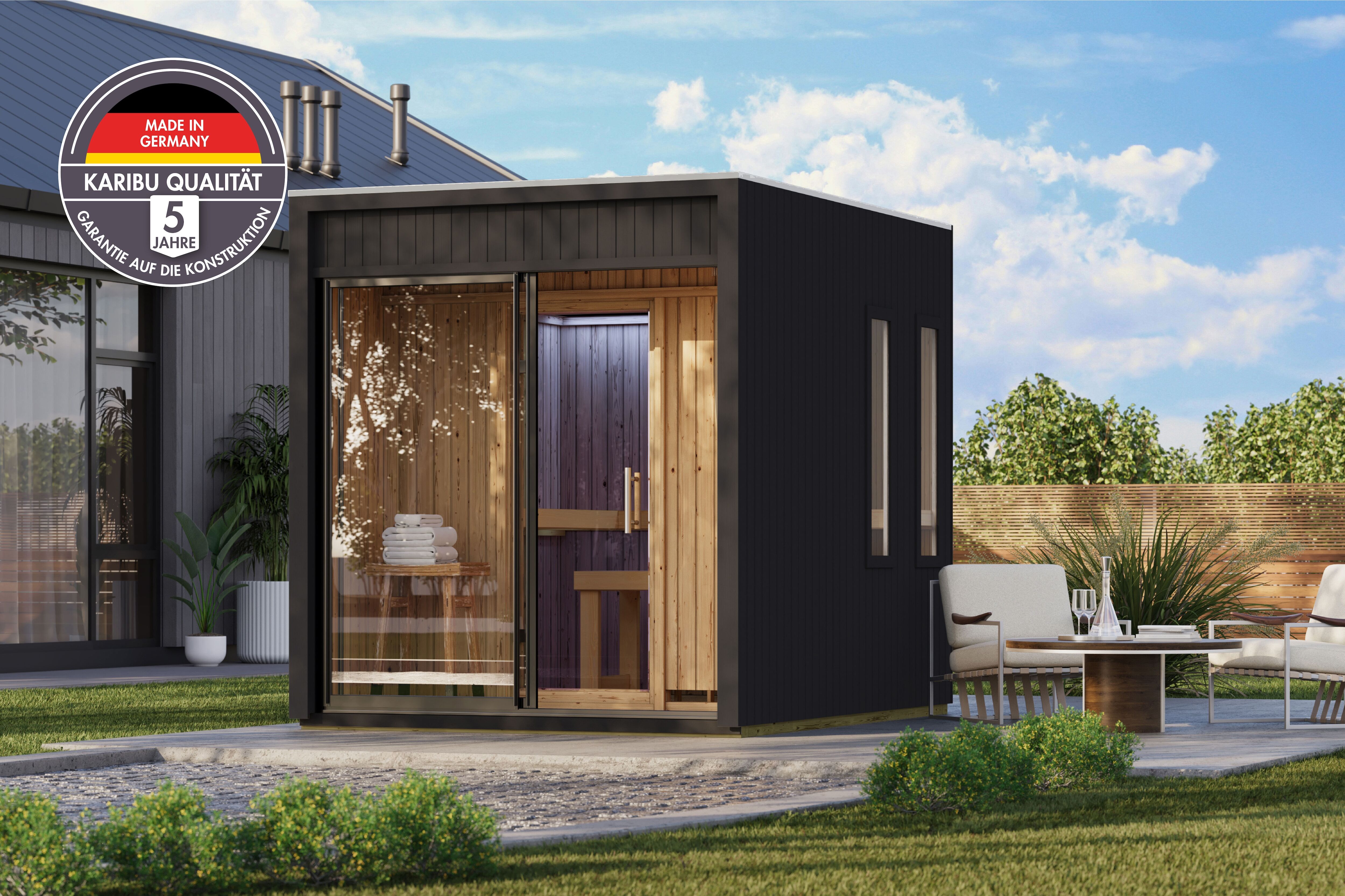 Saunahaus KARIBU "Danielo", silber (schwarz), Saunaofen, externe Steuerung, 9 kW, Saunen, verschiedene Varianten