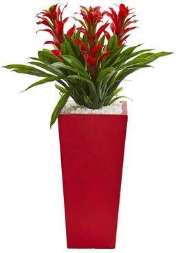 Nearly Natural Triple Bromeliad Artificial Plant in Red Planter
