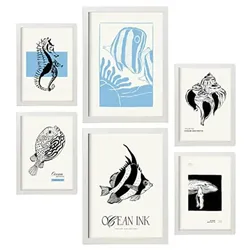 POSTER Set Mit 6 In Schwarzer Tinte Meeresmuster Kunstdrucke Von Meer Und Ozean Für Innenarchitektur A3 & A4 Weißer Rahmen