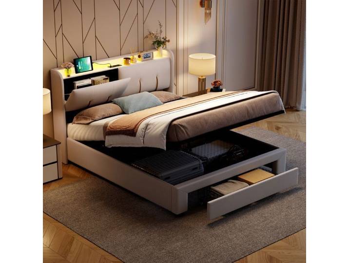 Lit coffre rembourré 140x200 Lit Double Rembourré avce Tiroir Lit Capitonné avce USB et LED Velours Beige sans Matelas
