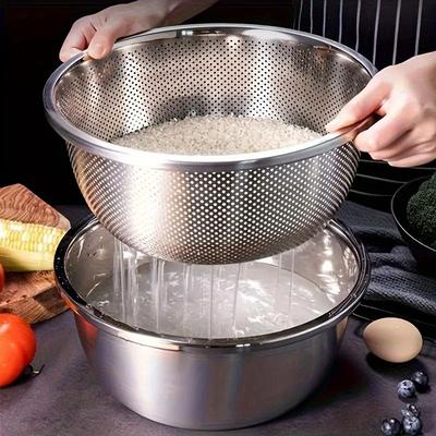 Discount Dollar Deals Stainless Steel Rice Washing Bowl With Drain Holes, Vegetable Fruit Strainer Colander For Kitchen Sink Daily Stainless Steel Rice Washing Bowl With Drain Holes, Vegetable Fruit Strainer Colander For Kitchen Sink Daily