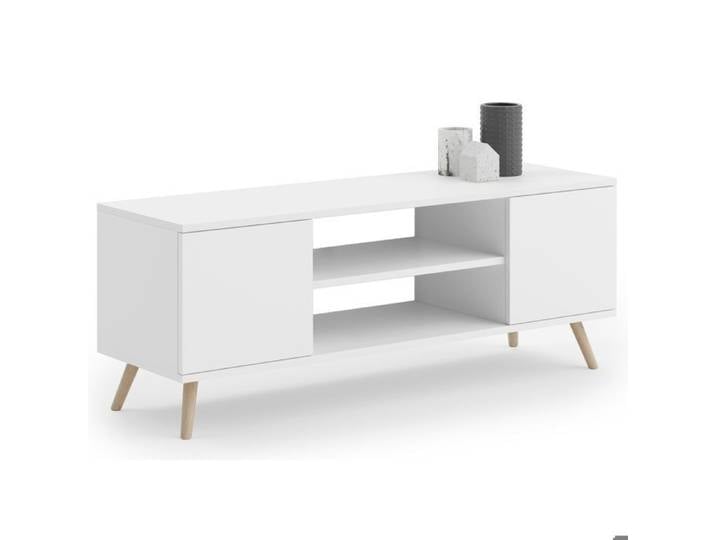 Meuble TV Focus 135 cm Armoire TV - blanc pieds bois style scandinave