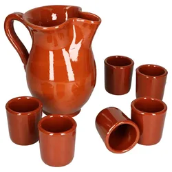 7tlg. Tongeschirr Set Tonkrug 0,5L + 6 Tonbecher 50ml braun glasiert - 99546 + 6x 12970