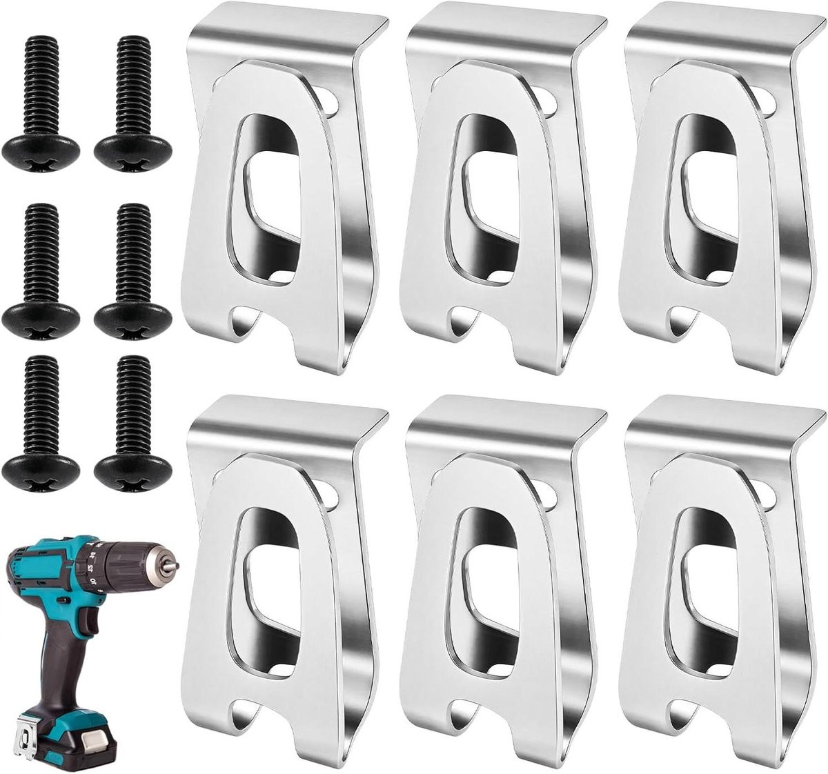 Set van 6 Riemclip Gereedschapshaken in Roestvrij Staal - Zilver