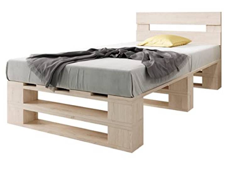 sunnypillow Paletten Bett M2 aus Holz 90x200cm mit Kopfteil, 2 Bett kästen Stabiles Holz Bett Seniorenbett Kinderbett erhöhtes Einzelbett gestell Futonbett Komforthöhe Naturholz
