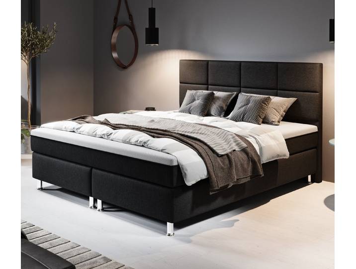 inter Boxspringbett R2 Webstoff mit 7 Zonen Taschenfederkernmatratzen und Topper-Optik (180x200 cm, Schwarz mit 7-Zonen Taschenfederkernmatratzen und Topper-Optik), Taschenfederkern-Komfort, gepolstertes Kopfteil, inklusive Matratzen