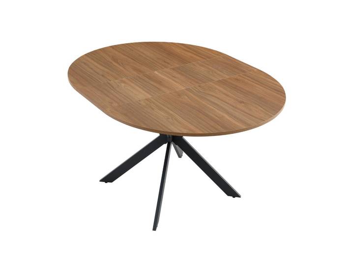 Redom Esstisch ausziehbar mit runder MDF-Tischplatte und Dreibeingestell, Schwarz/Walnussfarben, Metall, 137x76x137 cm, Esszimmer, Esstische