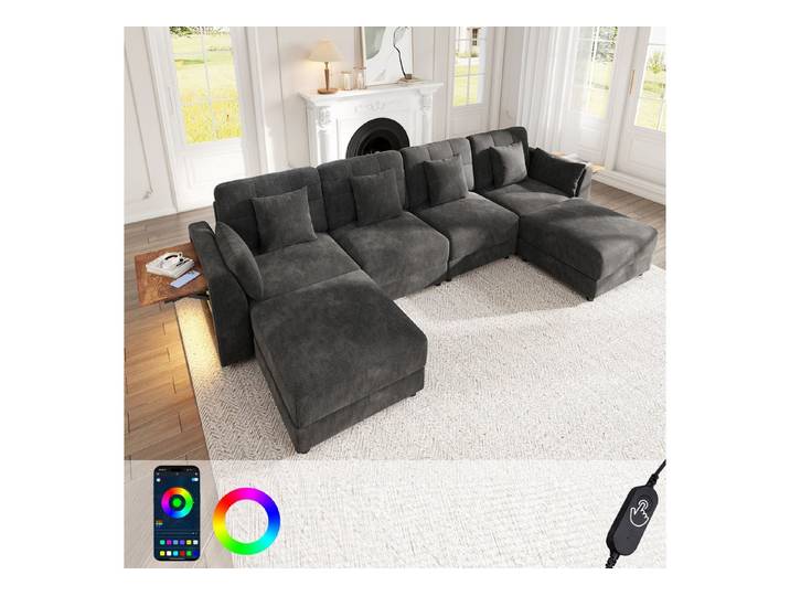 Merax Ecksofa U-Form/L-Form Sofa mit LED-Beleuchtung, Chenille, 292x135x82 cm 1 Teile, 6-Sitzer-Sofa mit 2 Hockern, klappbarem Armlehnen-Tisch & 6 Kissen