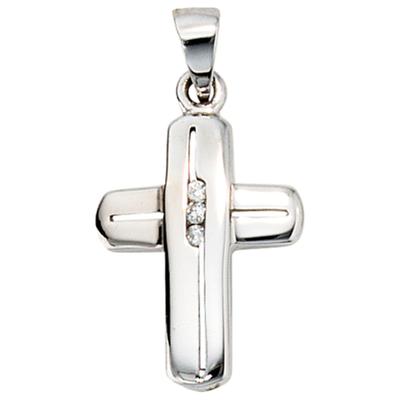 Kreuzanhänger JOBO "Anhänger Kreuz Weißgoldkreuz 17 mm", silber (weißgold 585), Schmuckanhänger, Damen, Diamanten Weißgold 585, Diamanten, Weißgold 585, 585 Weißgold mit 3 Diamanten
