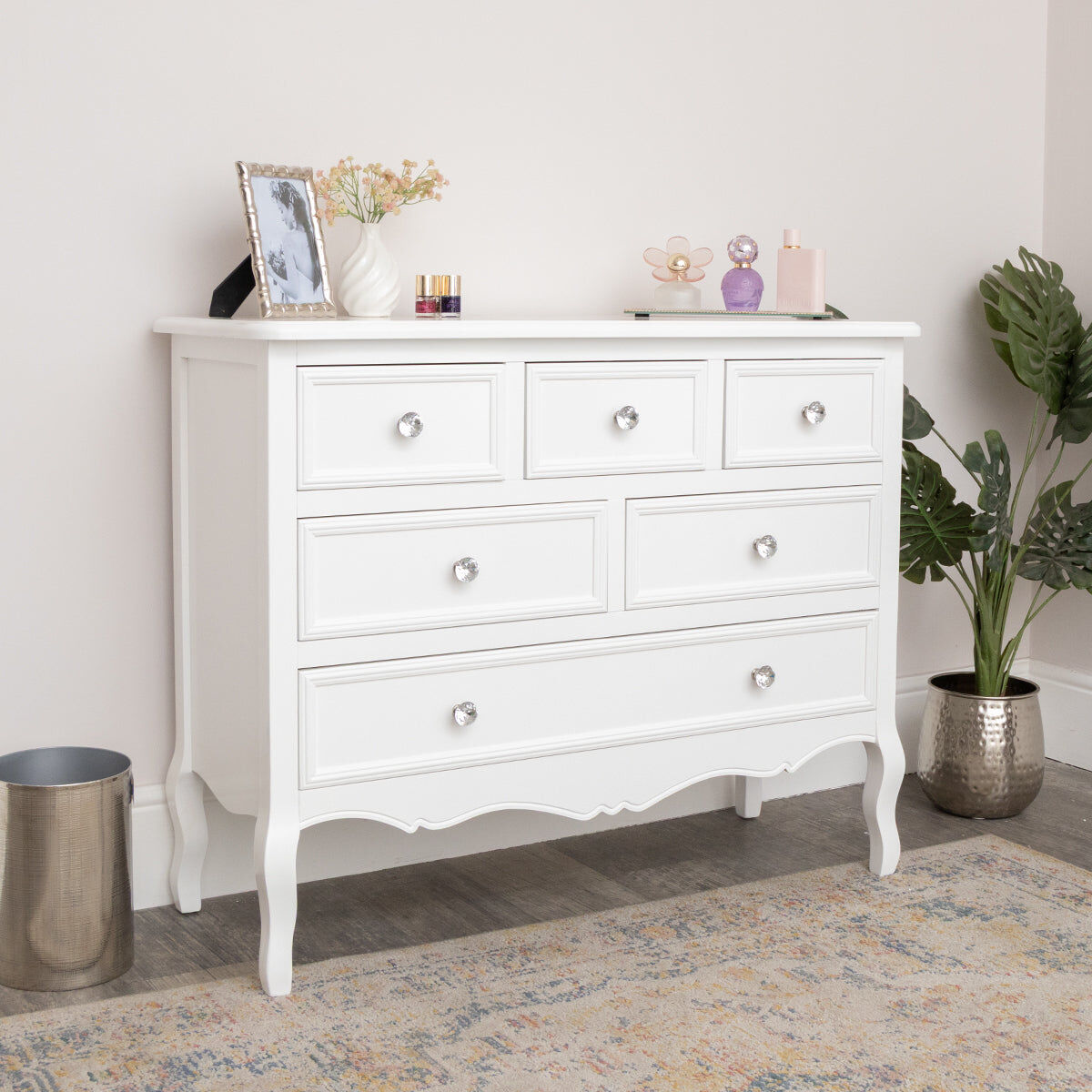 Large White Chest of 6 Drawers - Victoria Range Wood, Glass & Metal